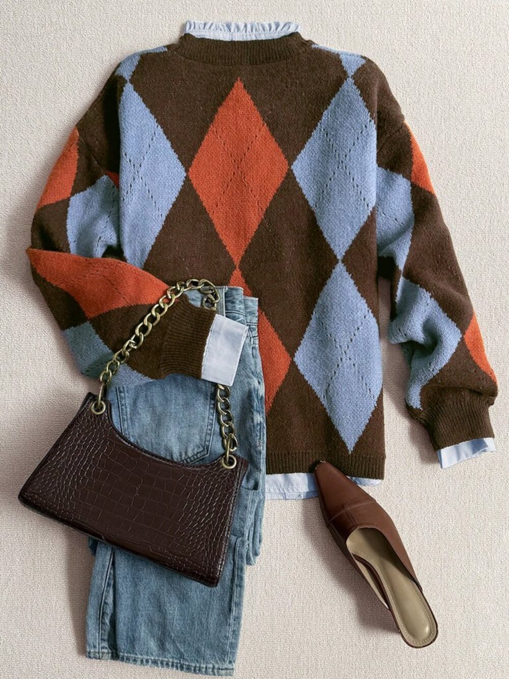 Reddish Brown Casual Women's Loose Rib-Knit Geometric Crew Neck Pullover Sweater - Picture 2 of 6